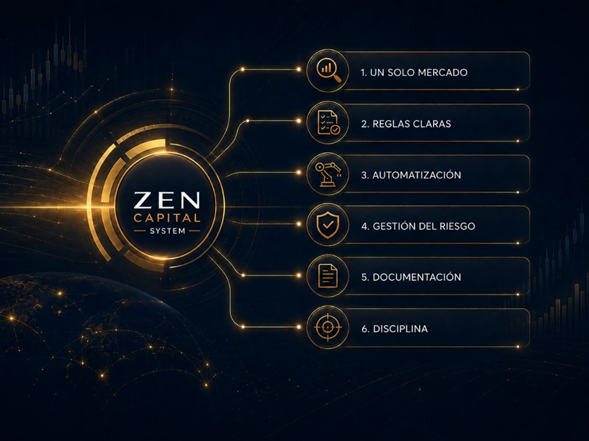 ZEN Capital System con seis pilares: un solo mercado, reglas claras, automatización, gestión del riesgo, documentación y disciplina.